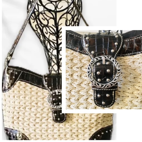 Brighton Straw & Croc Embossed Studded Bag - Picture 4 of 15
